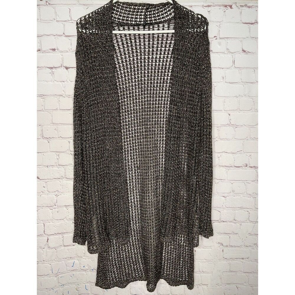 Eileen Fisher Cardigan Women Medium Cotton Linen Brown Metallic Open Knit Hi/Low